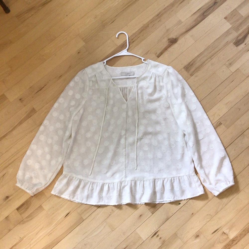 2/$10 LOFT White Ruffled Long Sleeve Bib Collar Blouse - Picture 6 of 6